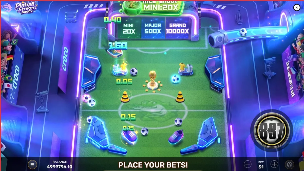 Pinball Striker 20,000x neon stadium arcade slot interface