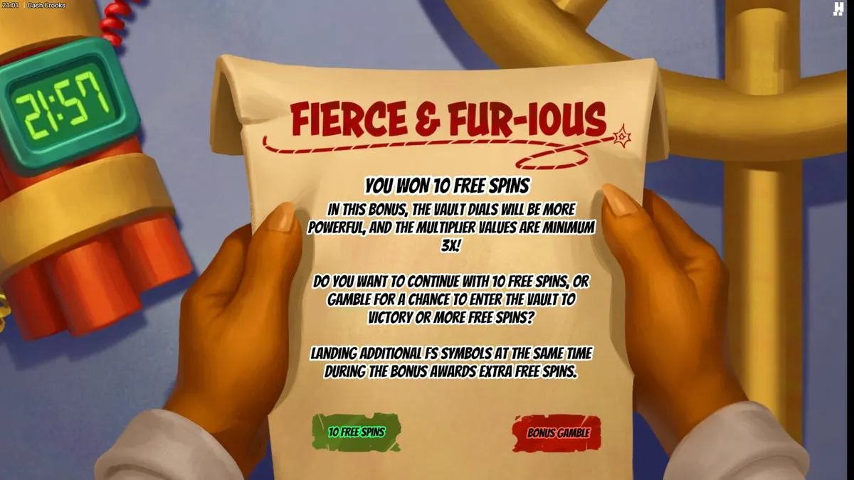 Cash Crooks slot game interface na nagpapakita ng mga vault dials at cartoon cat burglars.
